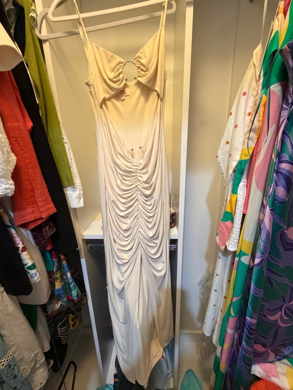Camila Coelho Ivory Ruched Ring-Accent Maxi Dress